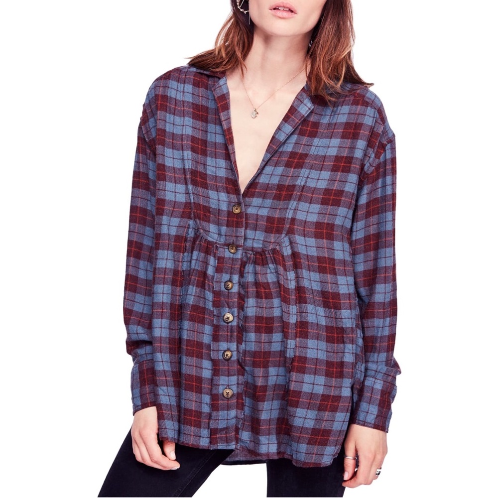 🤖Free People Blue All About The Feels Plaid Shirt